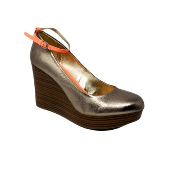 R2 Larissa Wedge Platform Ankle Strap Metallic Sparkle Gunmetal Neon Orange 10 - Picture 3 of 8